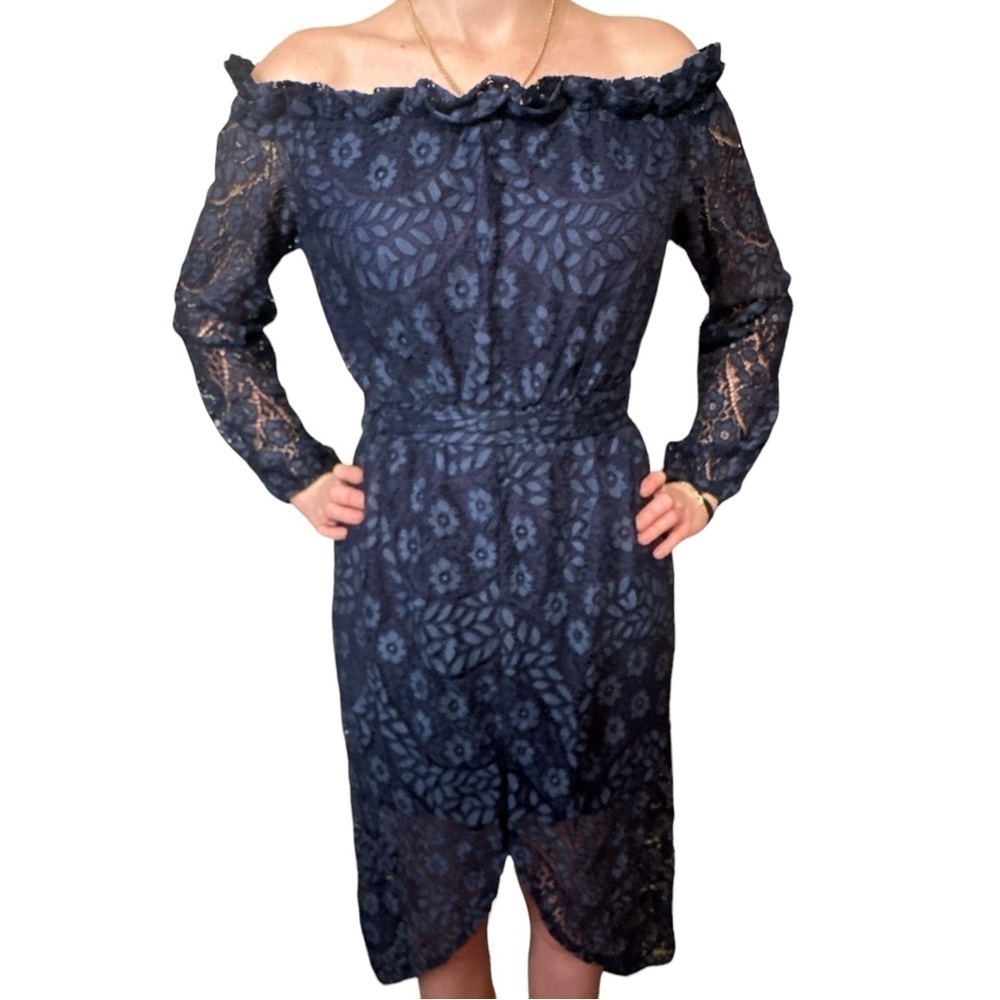 Jaase Navy Blue Lace Dress On or Off Shoulder Puffy Long Sheer Sleeve Hi Low Hem - Picture 5 of 8
